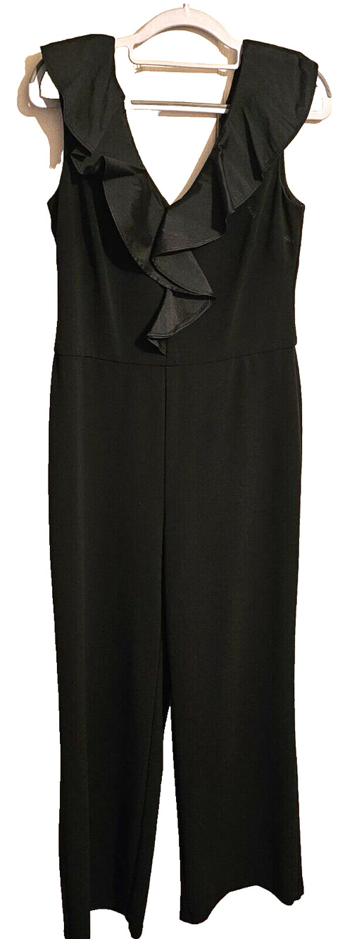Lauren Ralph Lauren Women's Black Ruffle V-Neck Wide Leg Jumpsuit Size 8